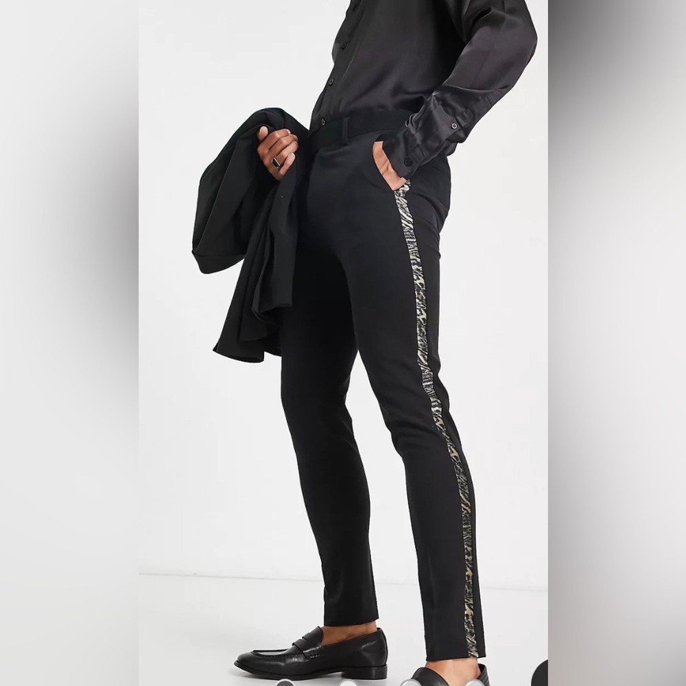 ASOS DESIGN super skinny tuxedo pants in black with animal side stripe